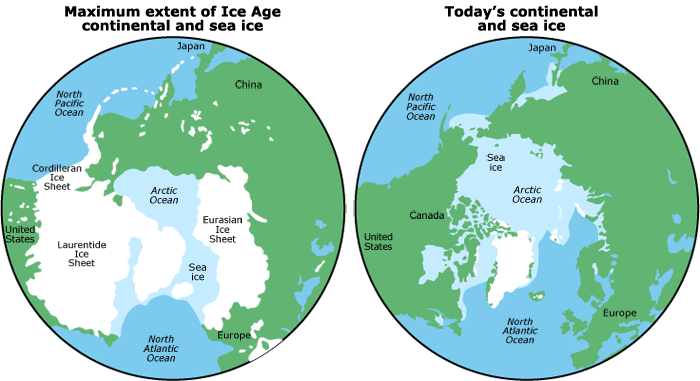 Map Of The World During The Ice Age maps showing ice coverage during Ice Age and today
